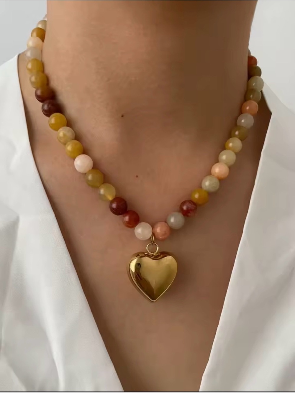 Carnelian Stone Beaded Necklace With Heart Pendant Stainless Steel 18K Plated